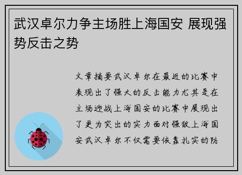 武汉卓尔力争主场胜上海国安 展现强势反击之势