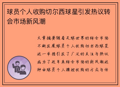 球员个人收购切尔西球星引发热议转会市场新风潮